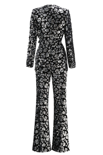 Costume de bal 2 pièces pour femmes noir scintillant avec ceinture